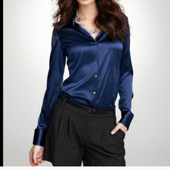 Ann Taylor Navy Satin Button-Down Blouse with Contrast Trim - Picture 2 of 7